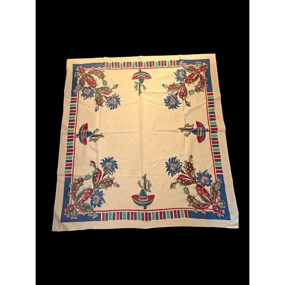 Vtg 40's 50’s Small Tablecloth Folkart Spanish Fiesta Cactus Sombrero 49 X 46”